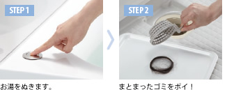[STEP1]お湯をぬきます。→[STEP2]まとまったゴミをポイ！