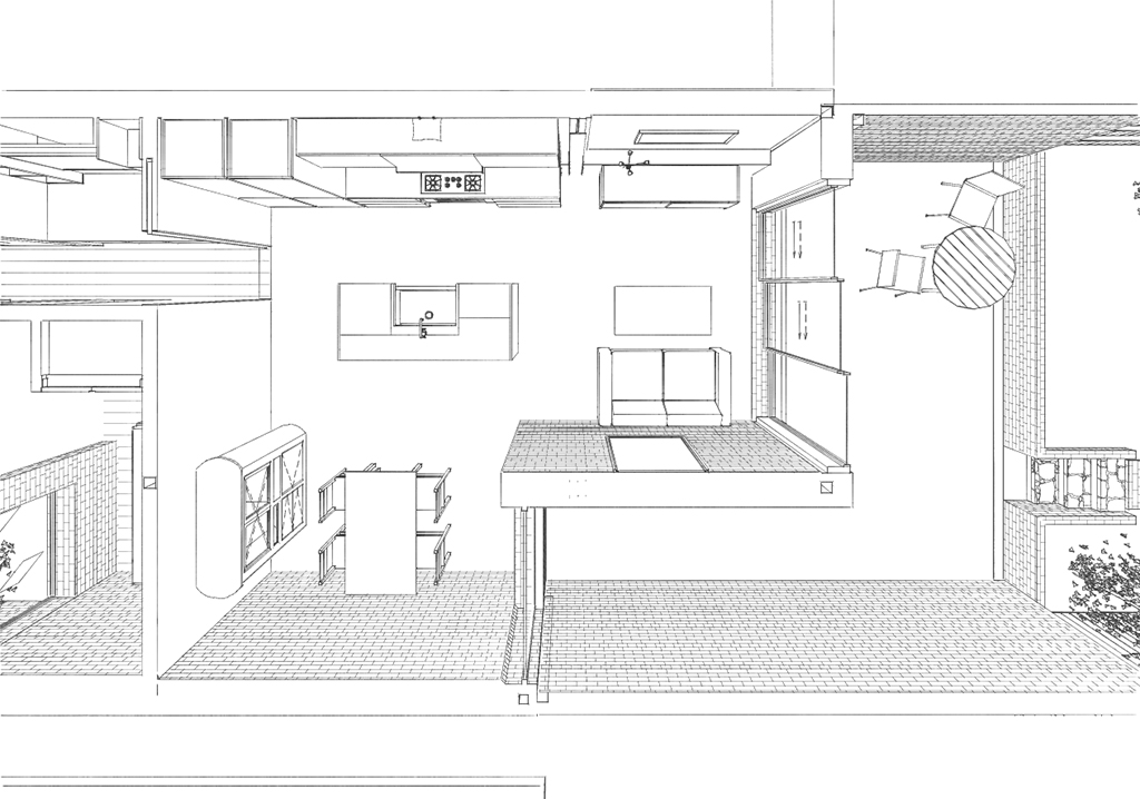 キッチンの俯瞰図。ロンドンのテラスハウスは日本の長屋のように細長い。キッチンより右側が増築部分。床を下げて天井高を3mとり、仕切りのないワンルームにしている