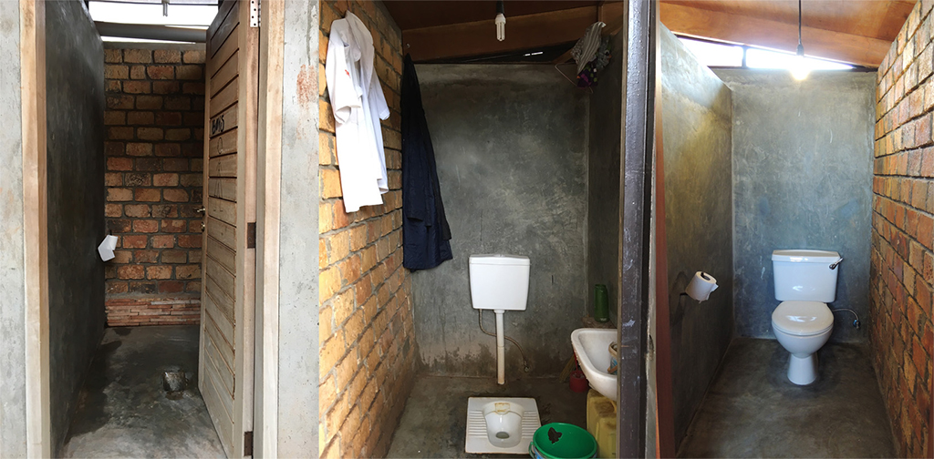 学生寮トイレ内部（左からぼっとん、和式、洋式）