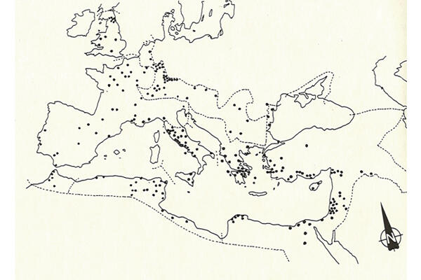 図4：古代ローマ風呂の分布図。風呂の遺跡が残っている場所が示されている。（『風呂とエクスタシー』、吉田集而、平凡社、1995年）