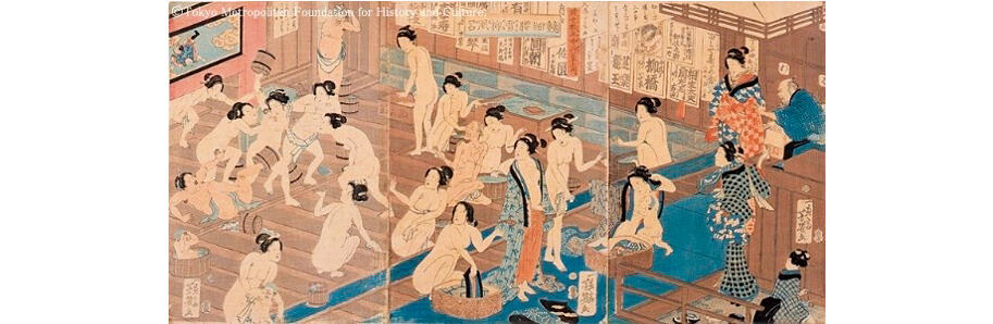 図7：銭湯を描いた浮世絵。（歌川芳幾「競細腰雪柳風呂」、明治元年、江戸東京博物館蔵）