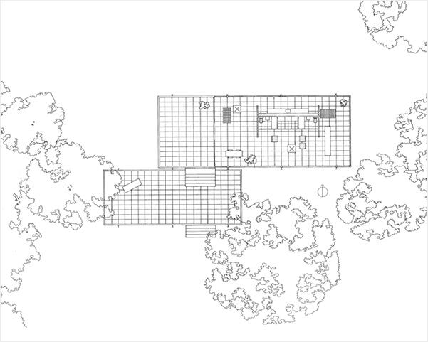 図1：ミース・ファン・デル・ローエ 「ファンズワース邸」（1950年、『a+u』1710） 平面図