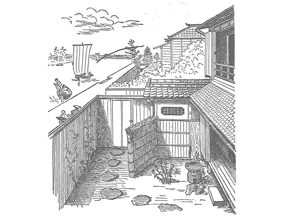 図1：明治期東京の住宅の便所。縁側の隅の庭先に配置されている。図12参照