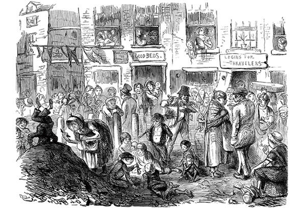 図7：都市の劣悪な衛生状態を風刺した新聞記事の挿絵（「Court of King Cholera」、Punch、1852年）